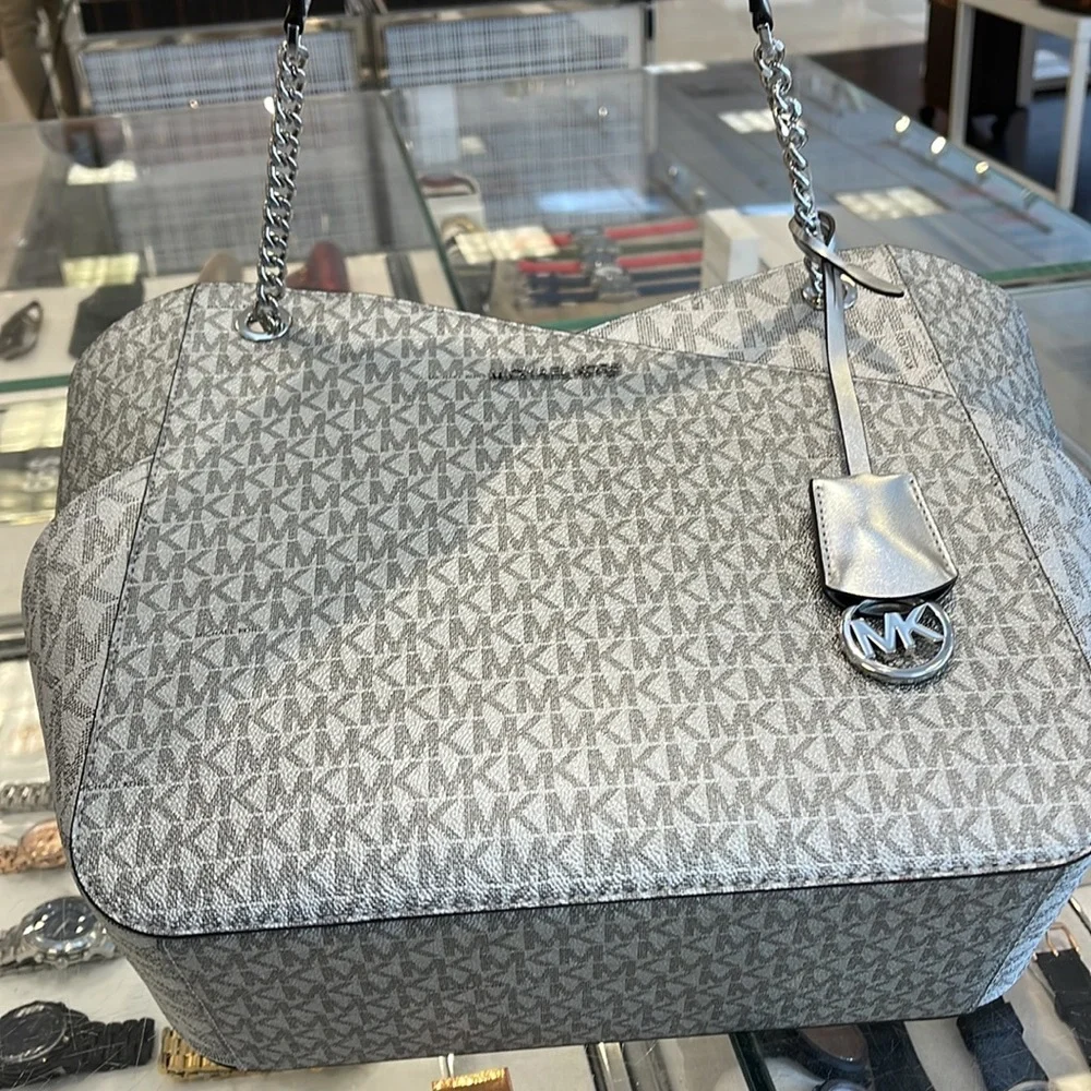 Michael Kors Jet Set Travel Large Chained Tote Shoulder Bag MK  Silver  NWT